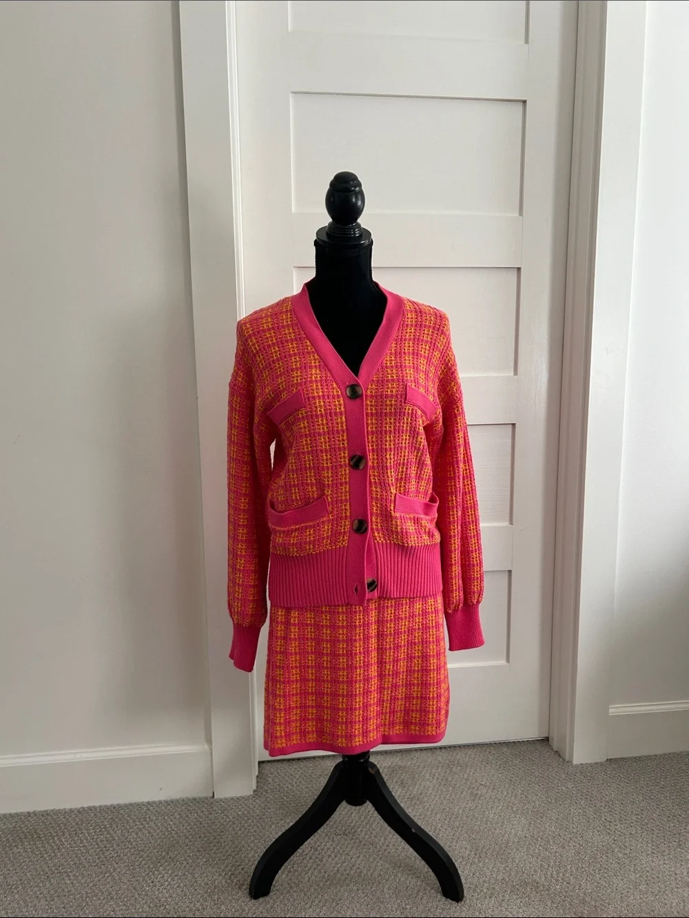 Free Assembly Bright Pink & Yellow Knit Cardigan and Skirt Set Size S